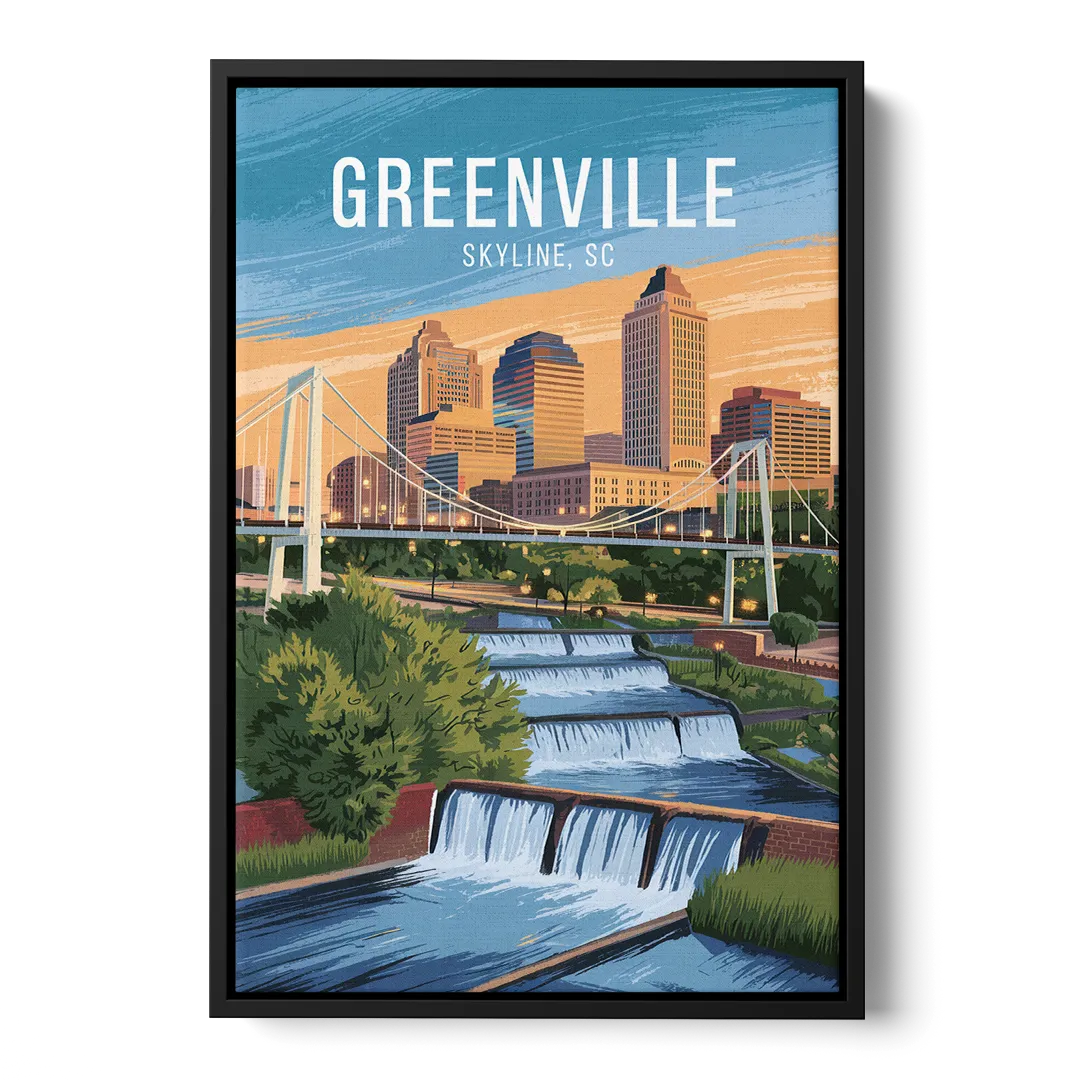 Greenville Skyline at Sunset - Black Frame Canvas
