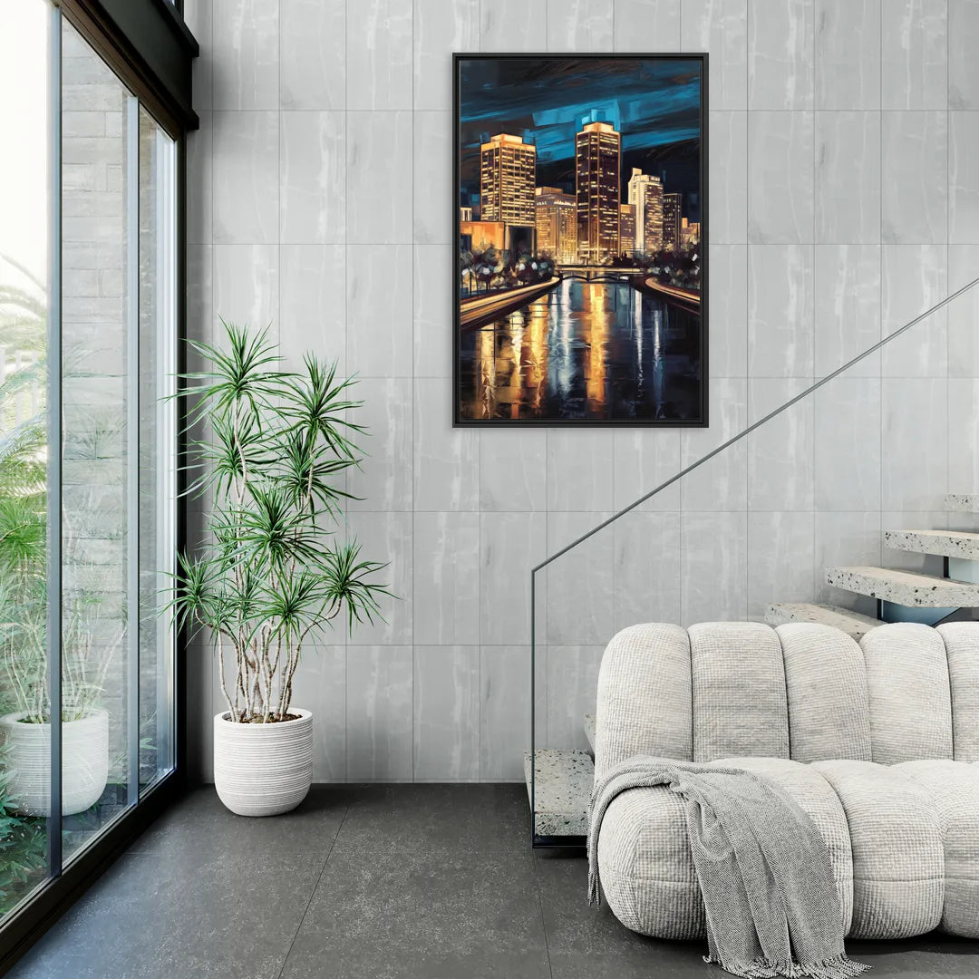Oklahoma City Night Lights - Living Room Black Frame Canvas