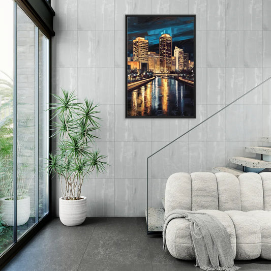 Oklahoma City Night Lights - Living Room Black Frame Canvas