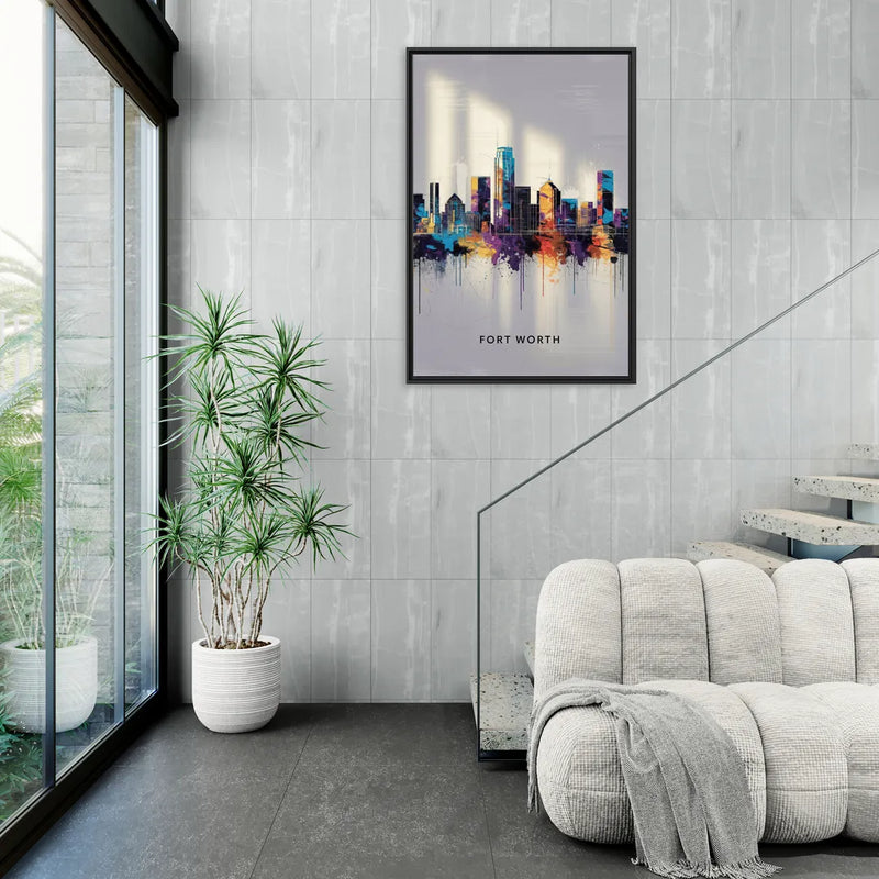 Fort Worth Downtown Skyline - Living Room Black Frame Canvas