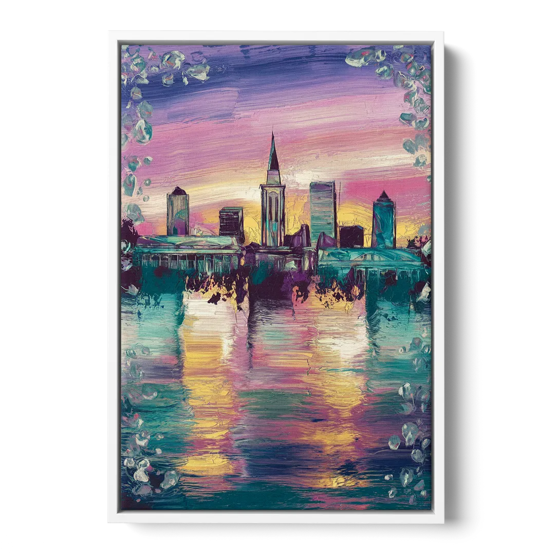 New Orleans Skyline at Sunset - White Frame Canvas