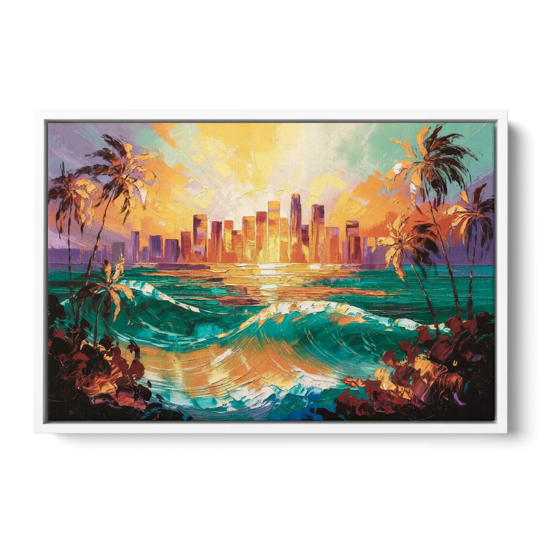 Los Angeles Sunset Over The Ocean - White Frame Canvas