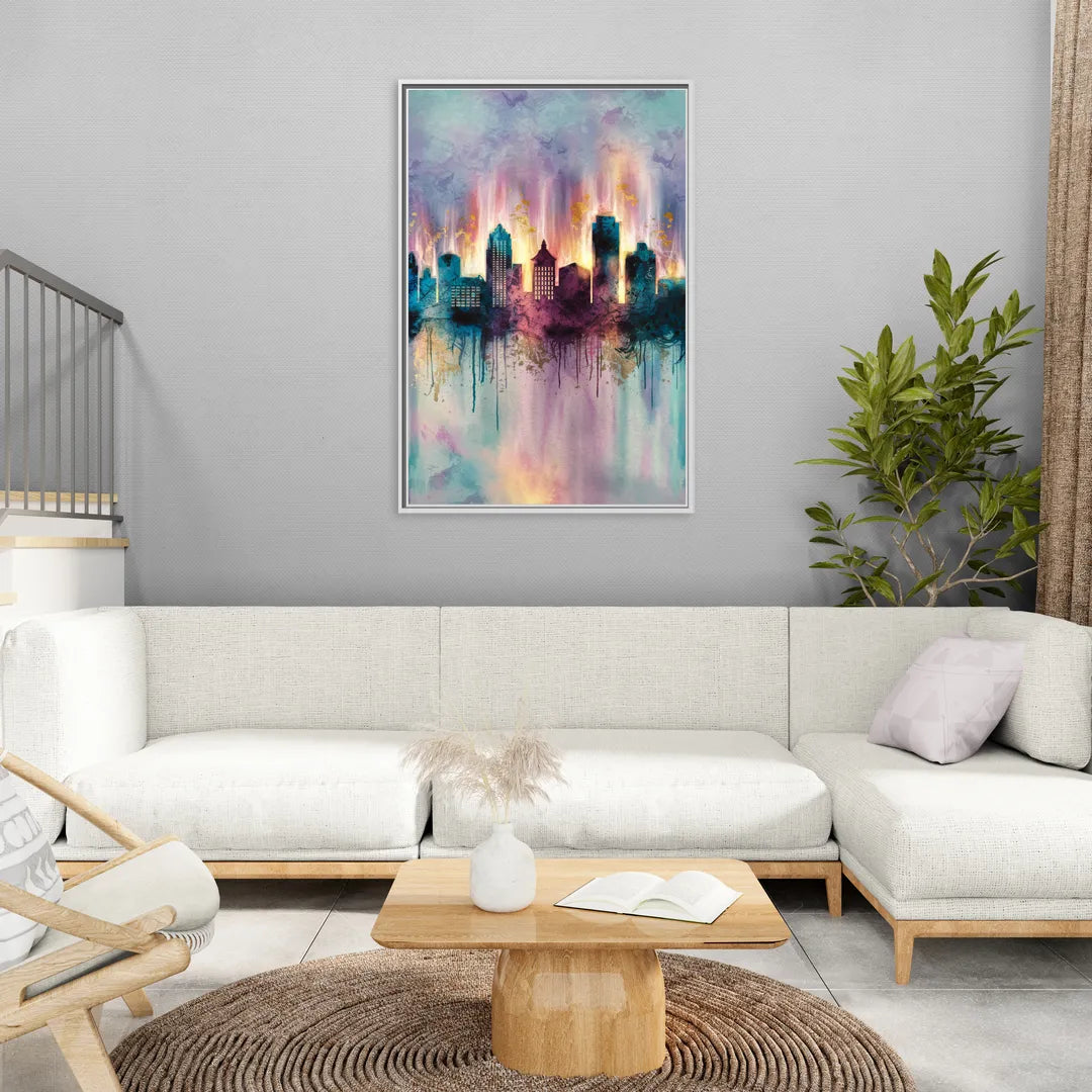 Richmond Skyline Glow - Living Room White Frame Canvas