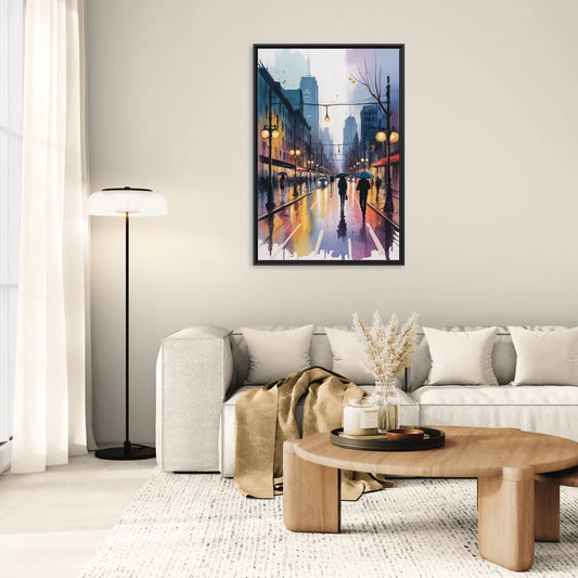 Montreal Evening Street Lights - Living Room Black Frame Canvas