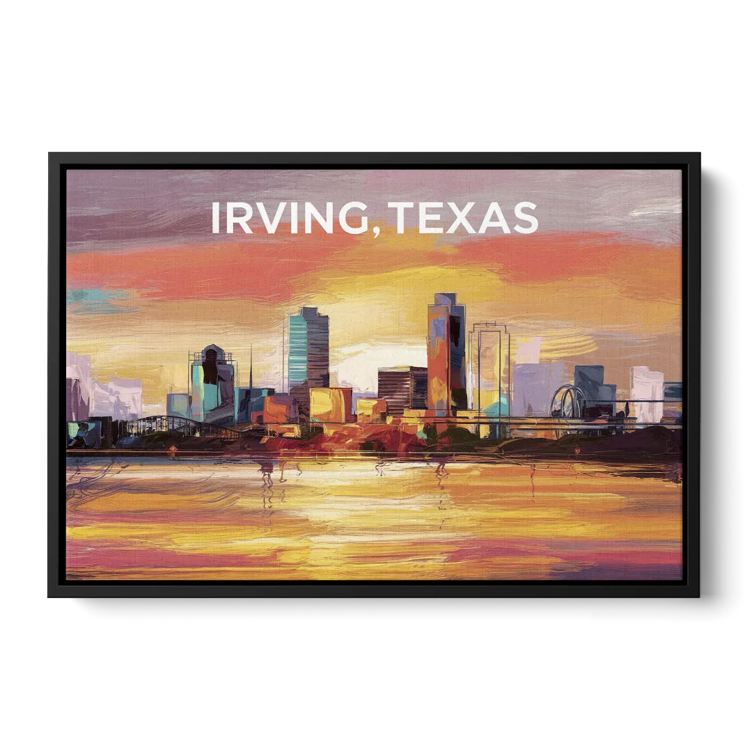 Irving Cityscape Sunset - Black Frame Canvas