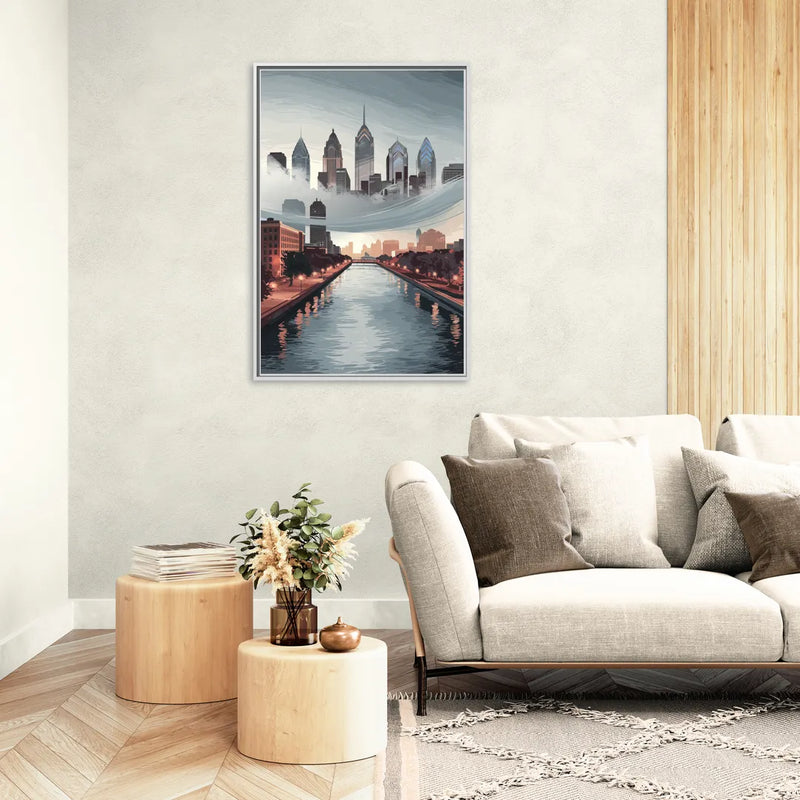 Philadelphia Skyline in Fog - Living Room White Frame Canvas