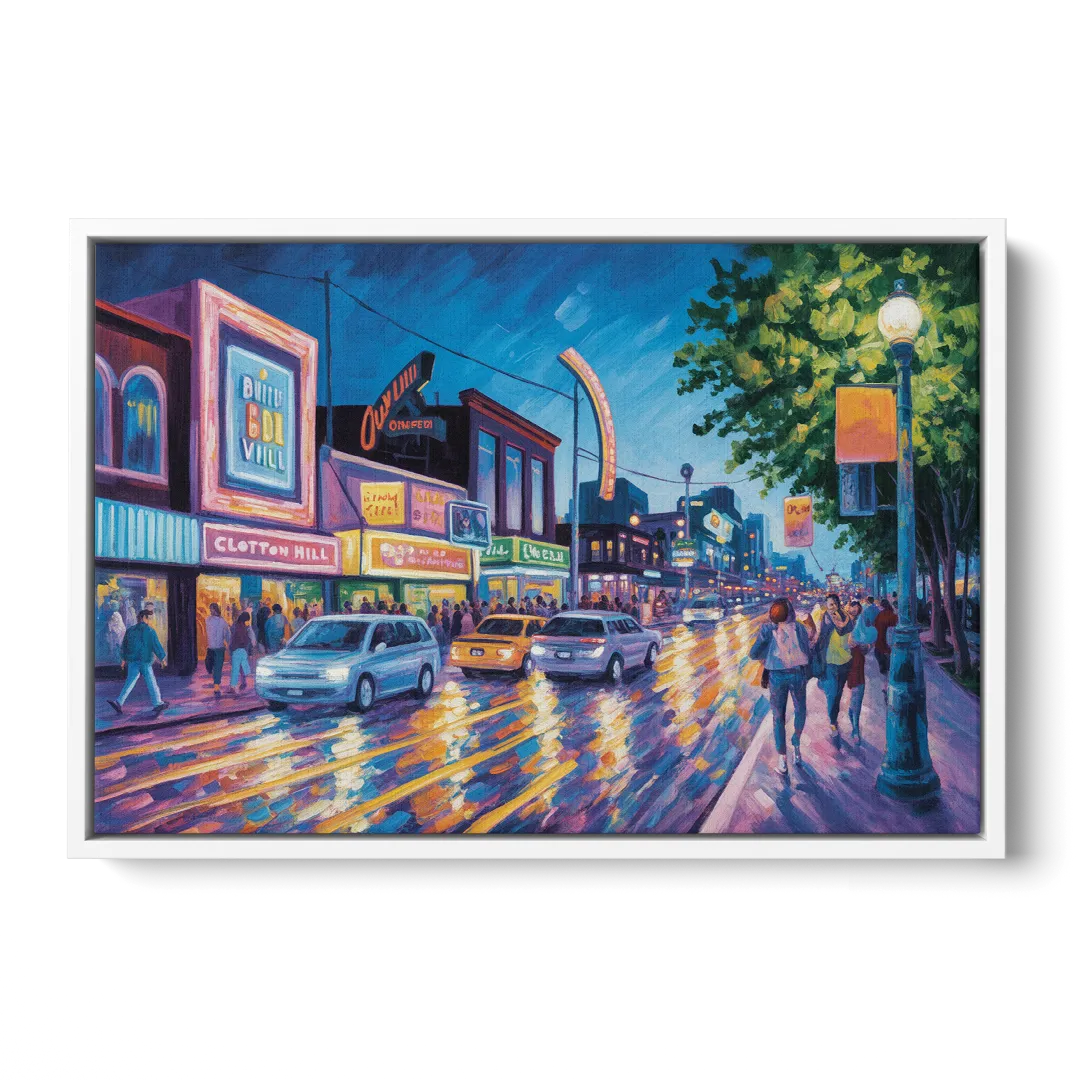 Clifton Hill Neon Lights - White Frame Canvas