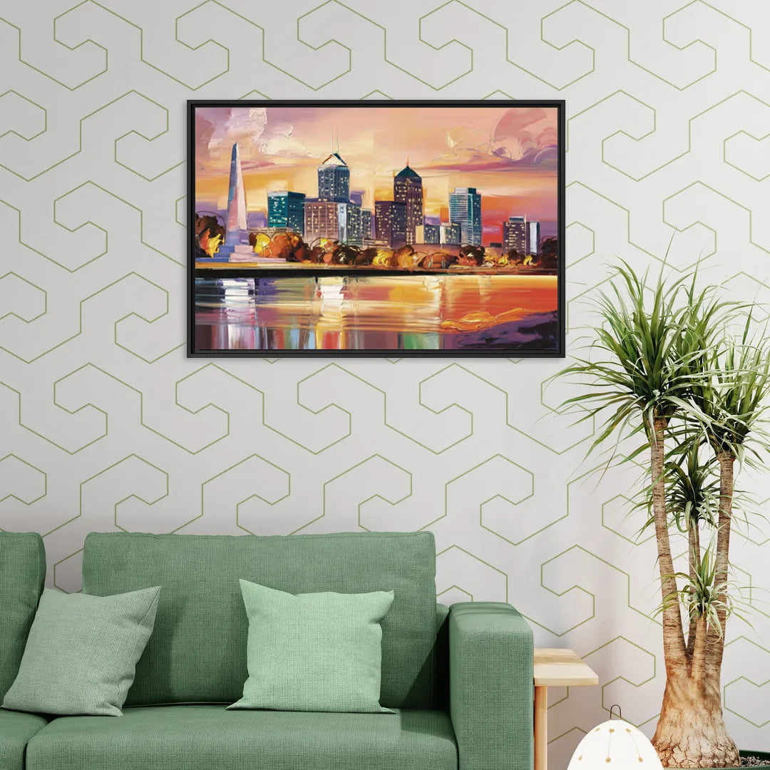Indianapolis Skyline At Sunset - Living Room Black Frame Canvas