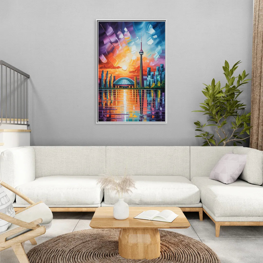 CN Tower Sunset Watercolor - Living Room White Frame Canvas