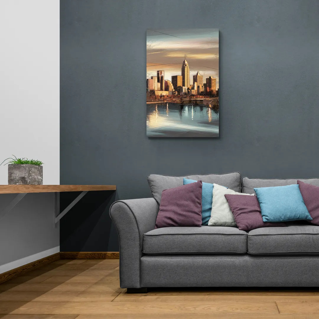 Des Moines Skyline Panorama - Canvas Wall Art Living Room