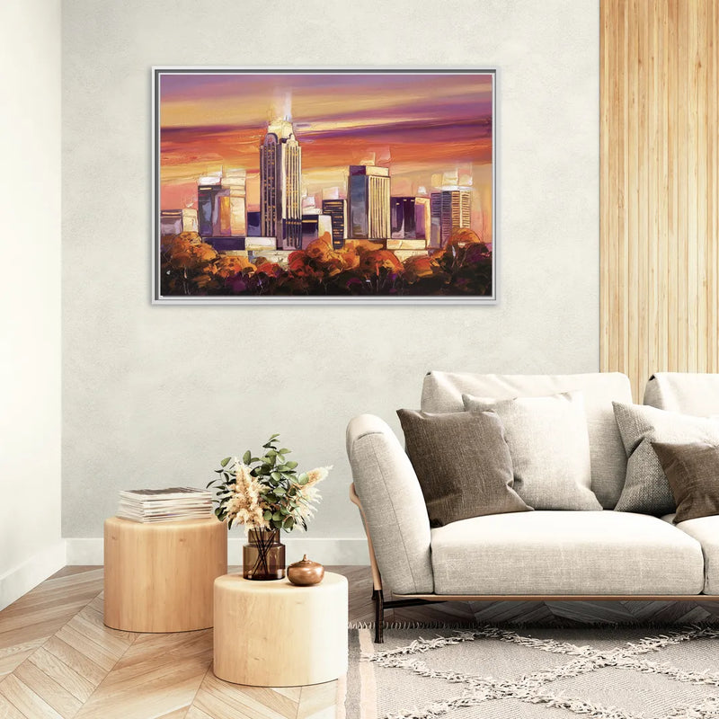 Raleigh Skyline Sunset - Living Room White Frame Canvas