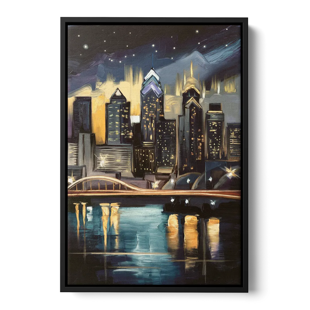 Philadelphia Skyline at Night - Black Frame Canvas