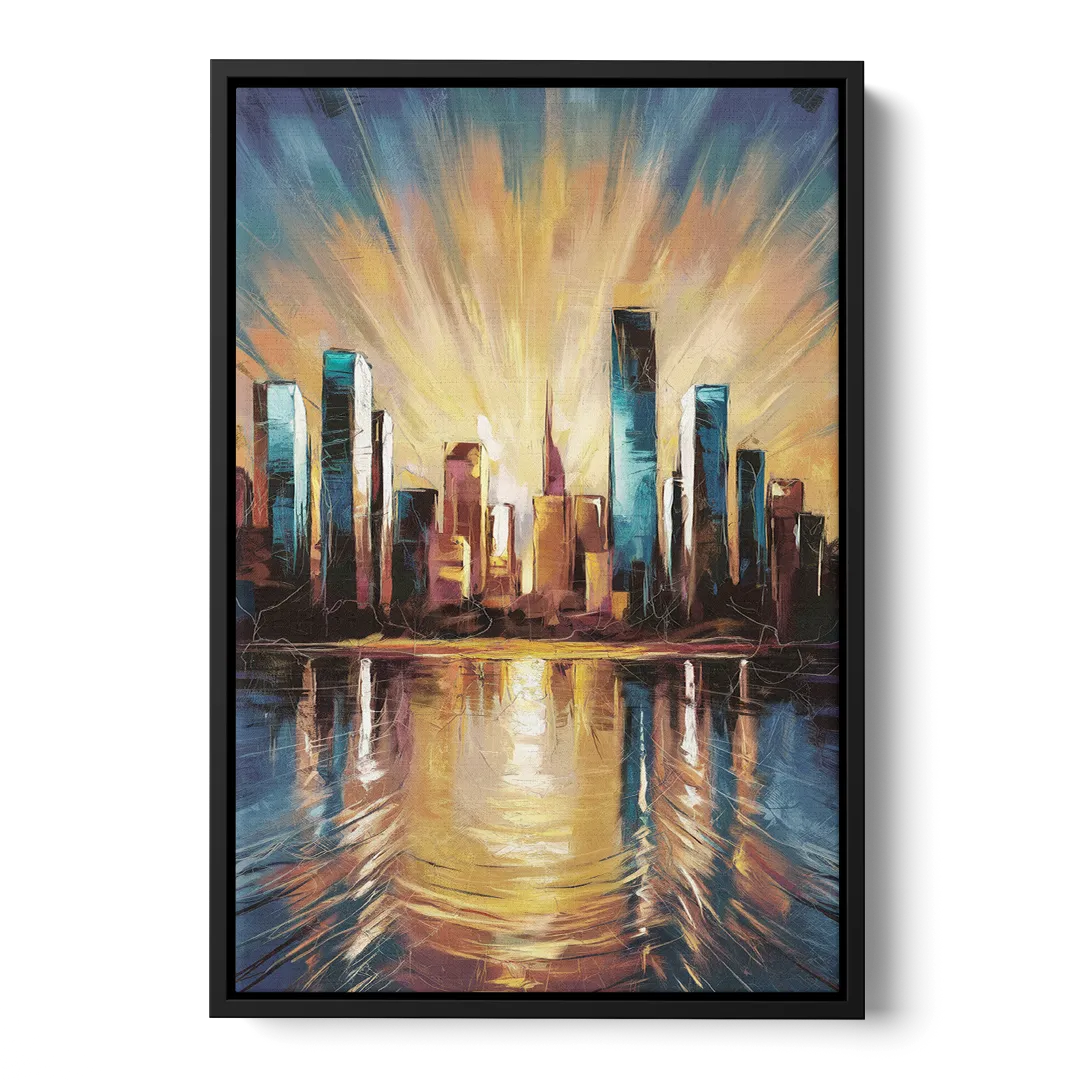 Riverside Sunset Over the City - Black Frame Canvas