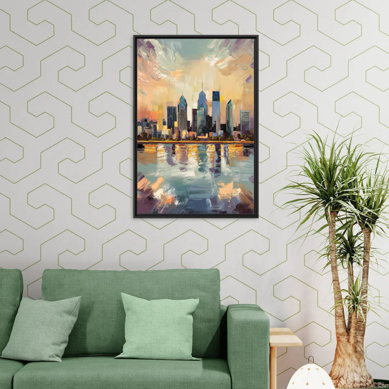 Philadelphia Skyline Reflections - Living Room Black Frame Canvas