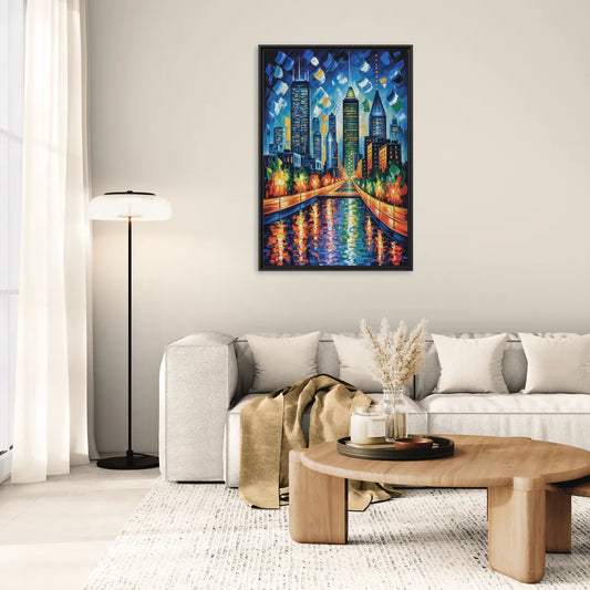 Montreal Skyline at Night - Living Room Black Frame Canvas