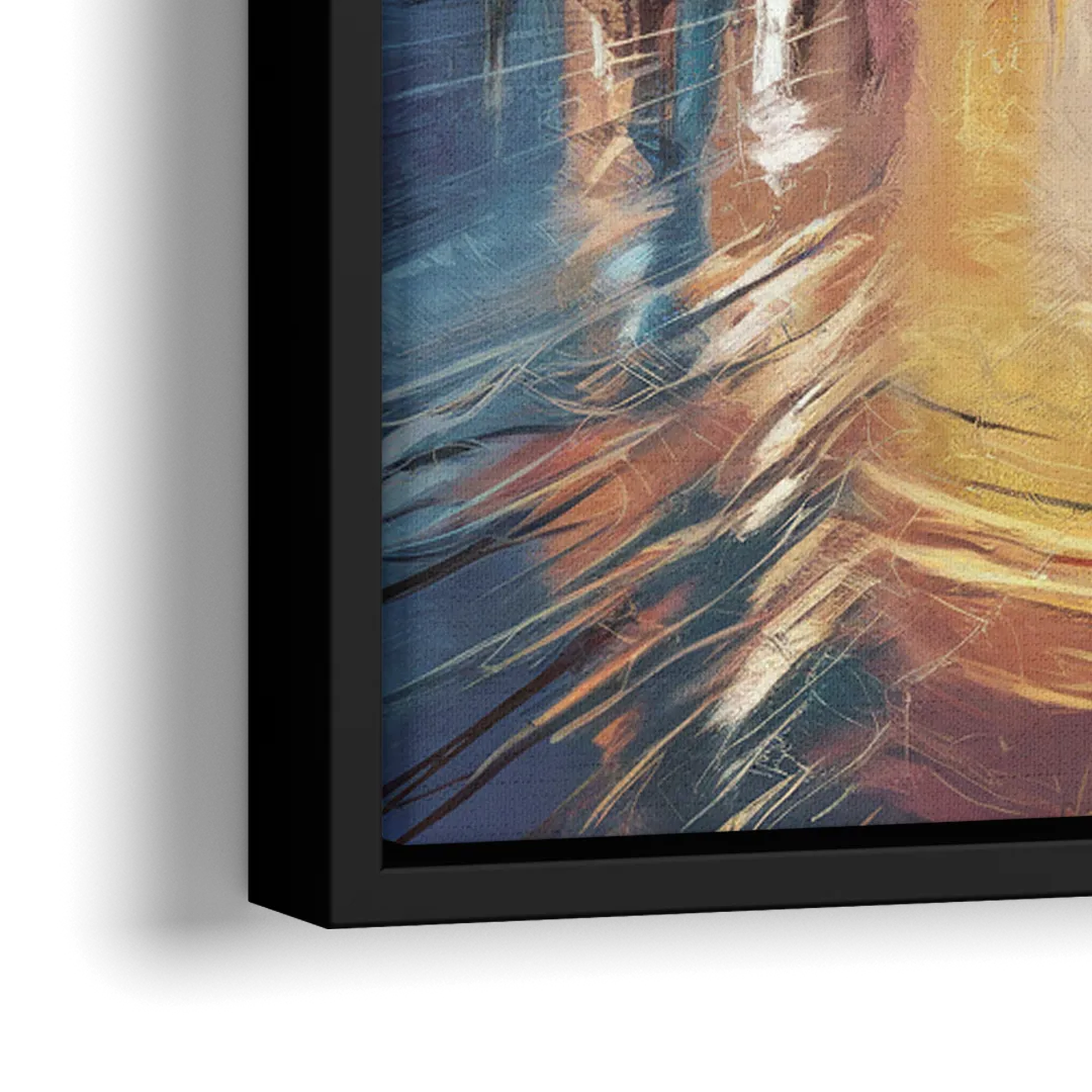 Riverside Sunset Over the City - Close-Up Black Frame Canvas