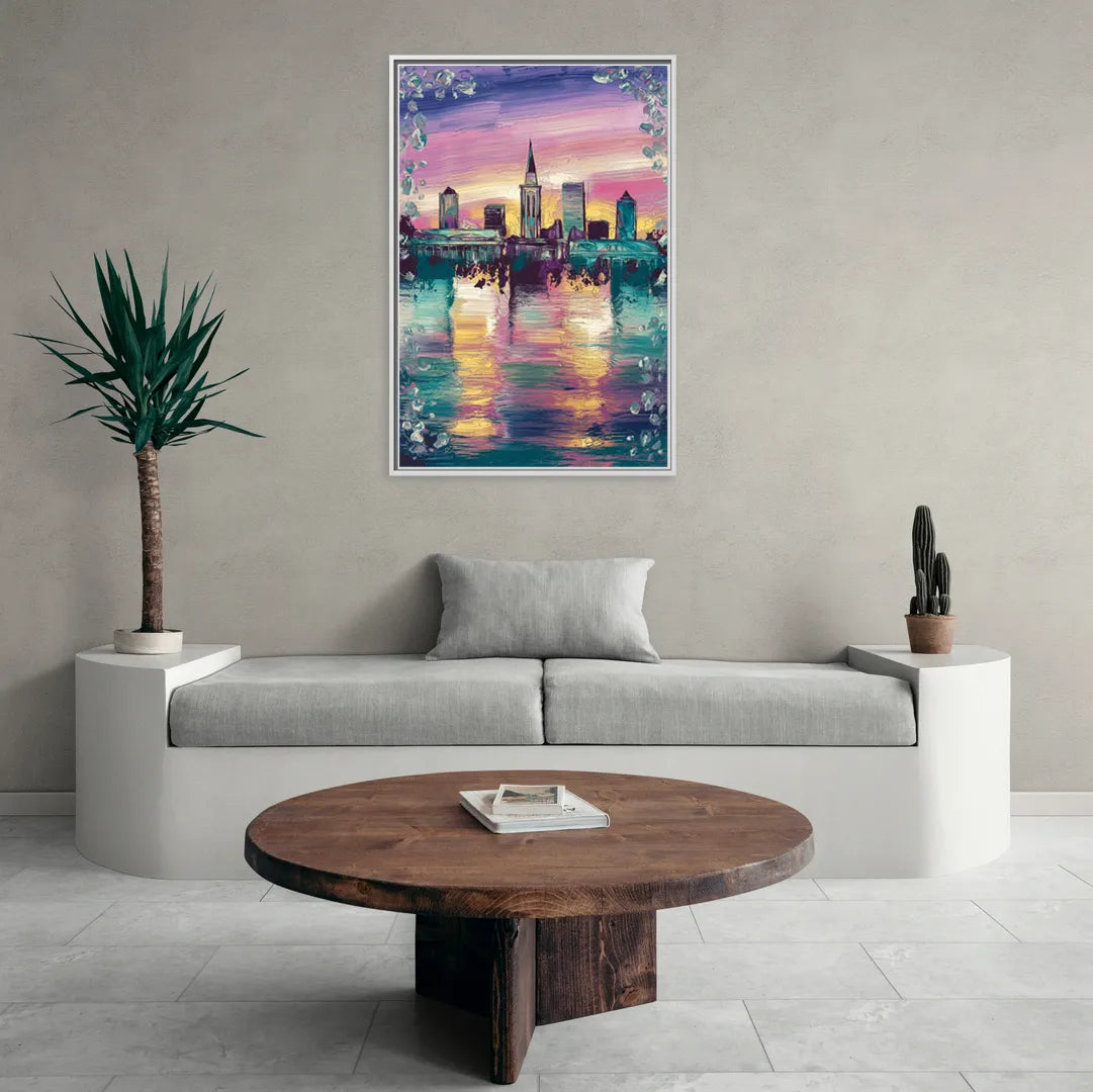 New Orleans Skyline at Sunset - Living Room White Frame Canvas