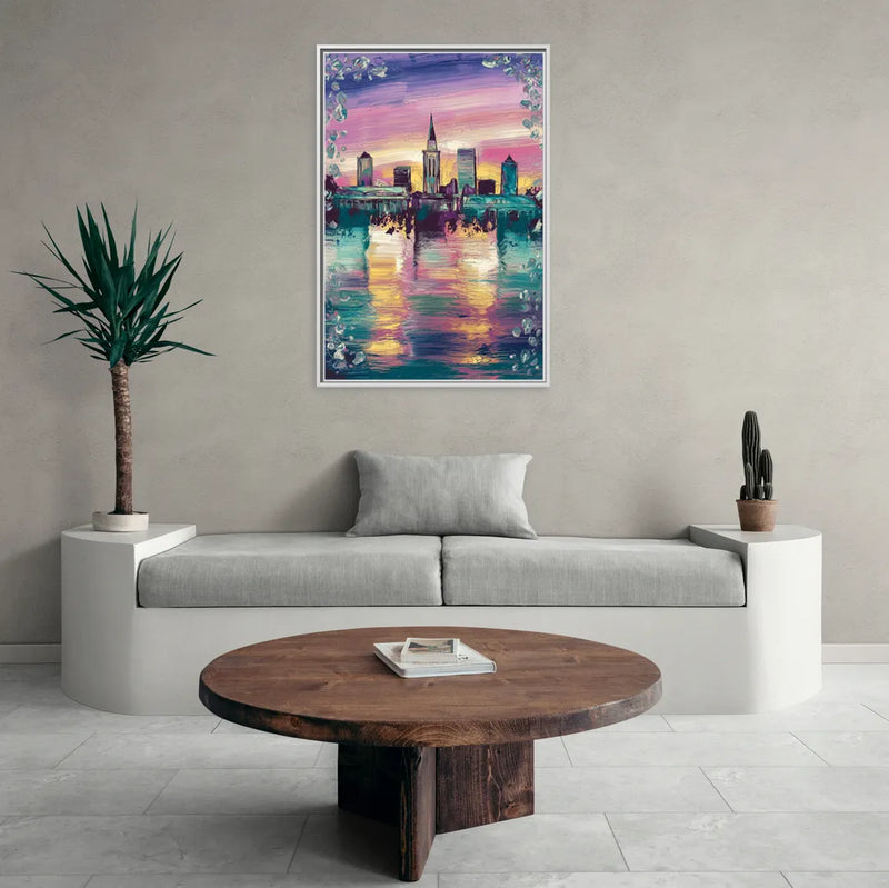 New Orleans Skyline at Sunset - Living Room White Frame Canvas