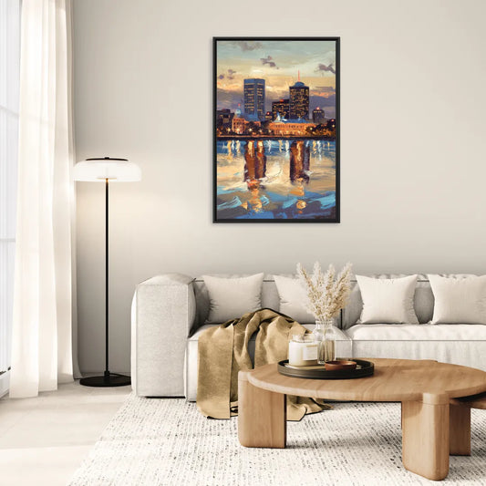 Providence Cityscape Reflection Mirror - Living Room Black Frame Canvas