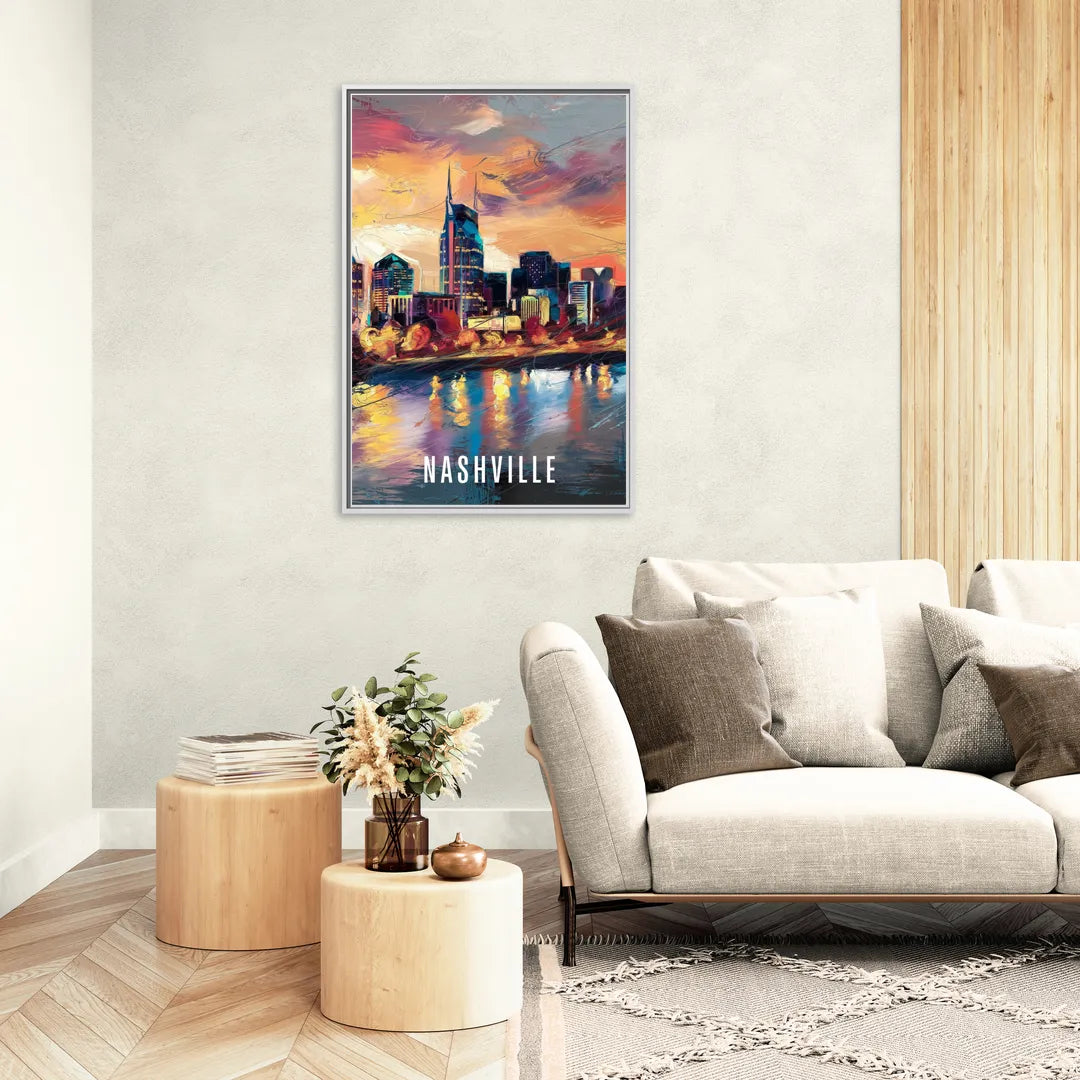 Nashville Artistic Skyline - Living Room White Frame Canvas