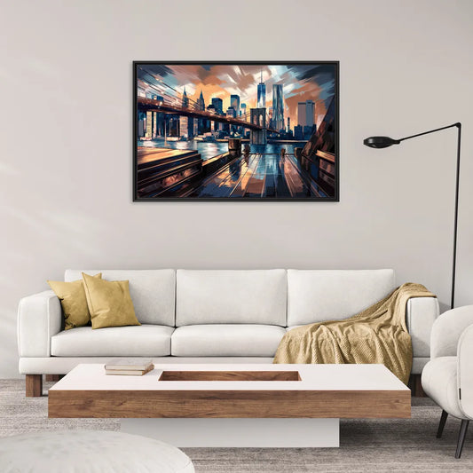 New York City Bridge From The Rooftop - Living Room Black Frame Canvas