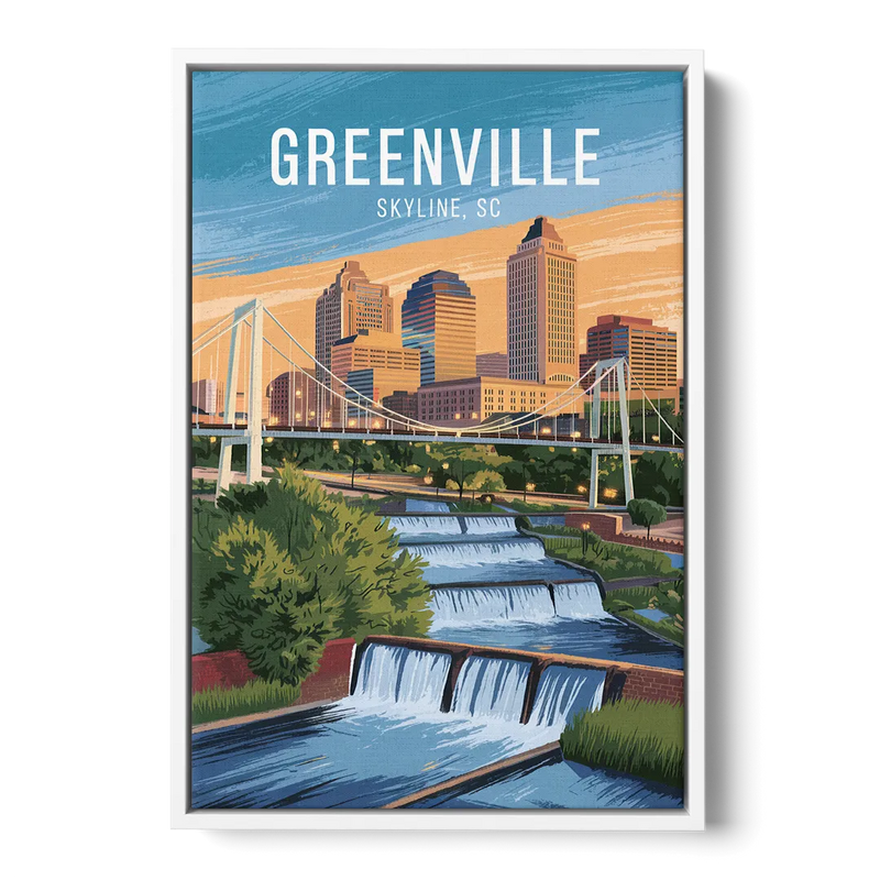 Greenville Skyline at Sunset - White Frame Canvas