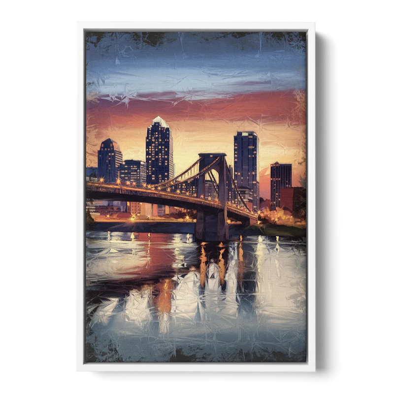 Cincinnati Skyline with River Reflection - White Frame Canvas