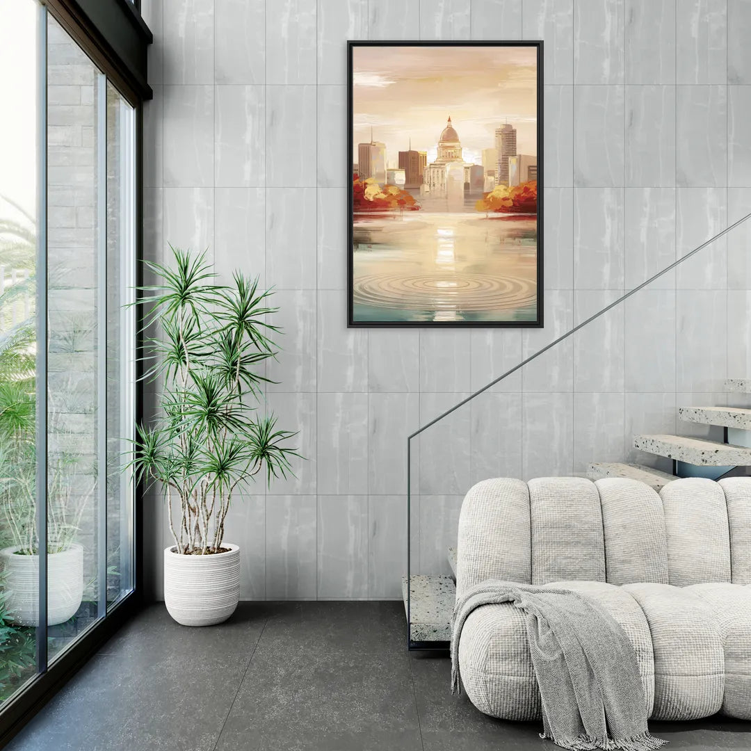 Madison Sunrise Over Downtown - Living Room Black Frame Canvas