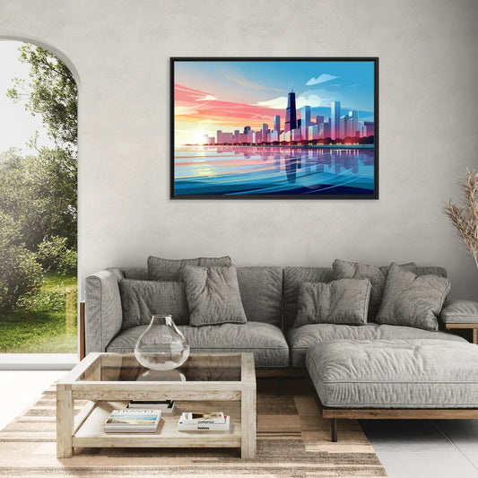 Chicago Skyline At Sunset - Living Room Black Frame Canvas