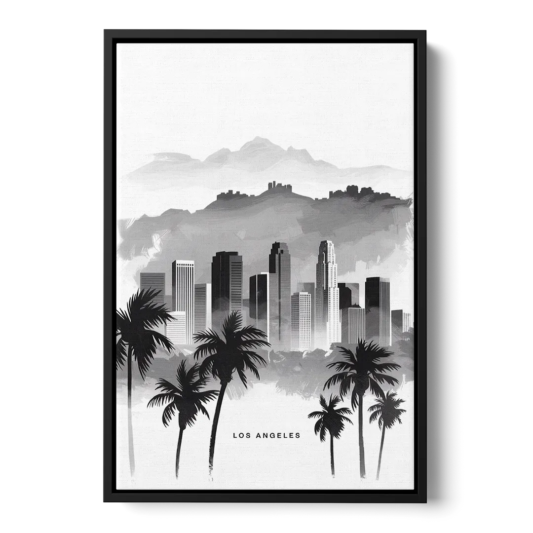 Los Angeles Black and White Cityscape - Black Frame Canvas