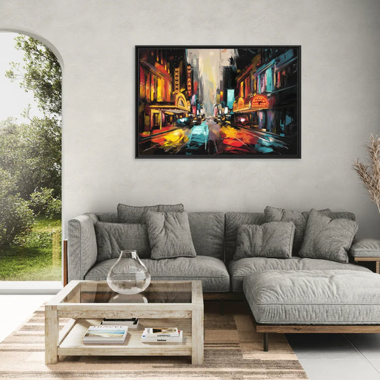New York City Broadway Lights - Living Room Black Frame Canvas