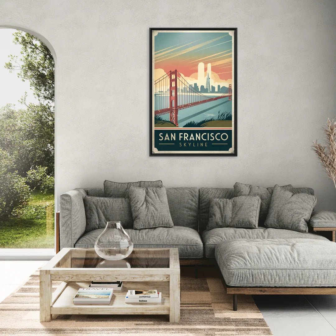San Francisco Golden Gate Bridge Skyline - Living Room Black Frame Canvas