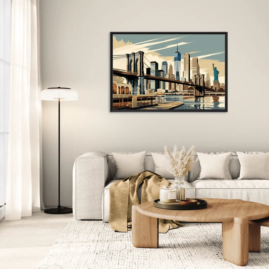 New York Brooklyn Bridge And Statue Of Liberty - Living Room Black Frame Canvas