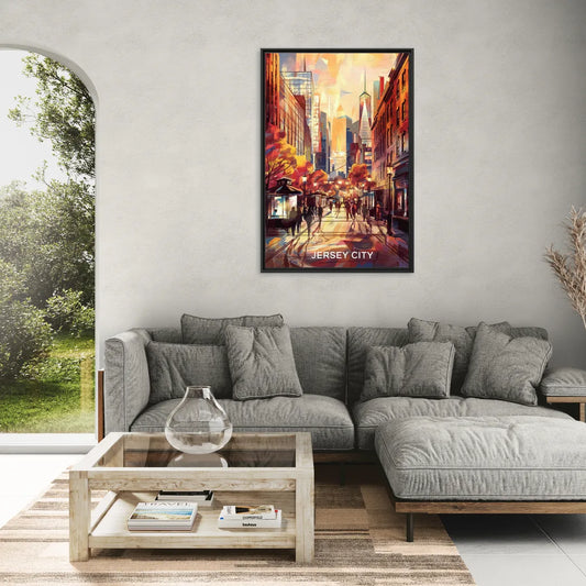 Jersey City Downtown Streetscape - Living Room Black Frame Canvas