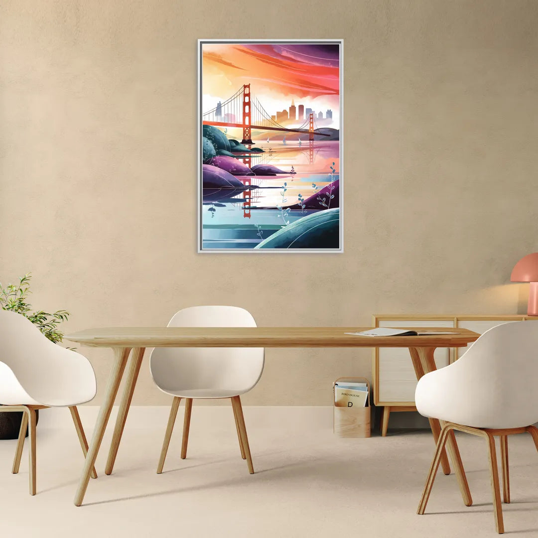 San Francisco Golden Gate Reflection - Living Room White Frame Canvas