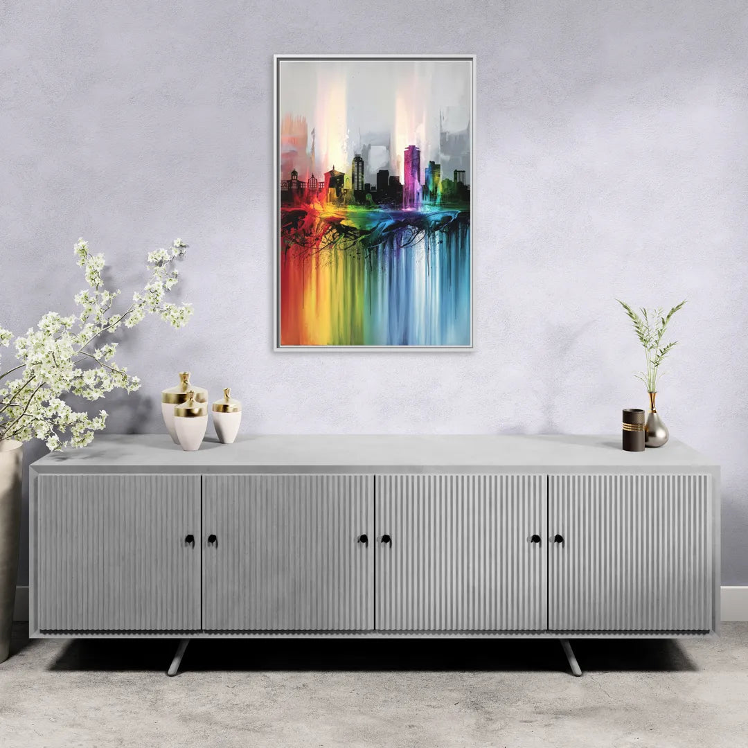Fayetteville Downtown Skyline - Living Room White Frame Canvas