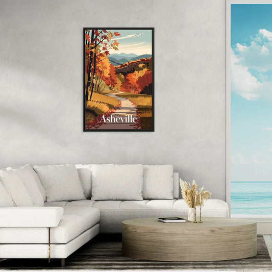Asheville Fall Foliage Scene - Living Room Black Frame Canvas