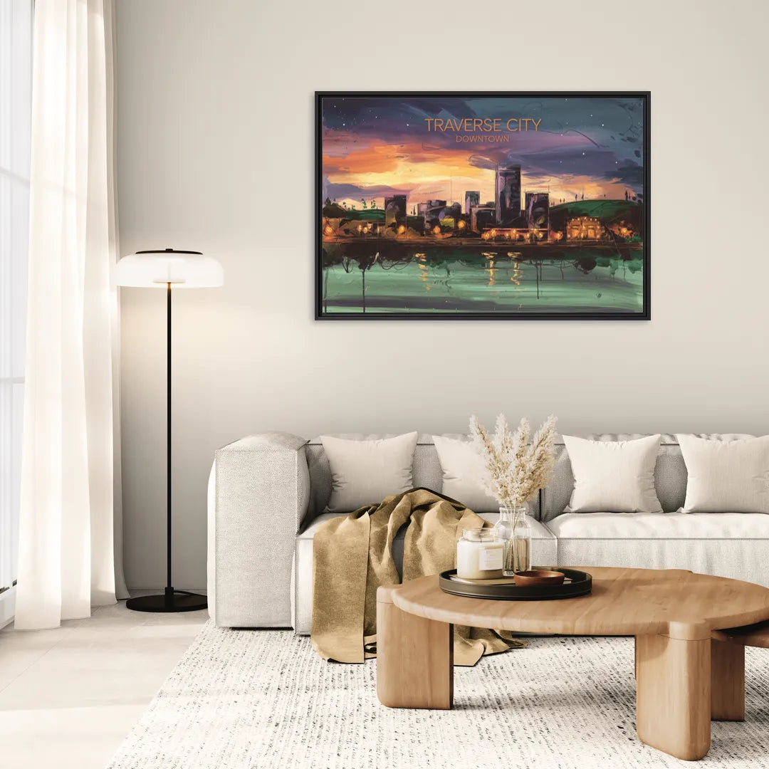Traverse City Downtown Skyline - Living Room Black Frame Canvas