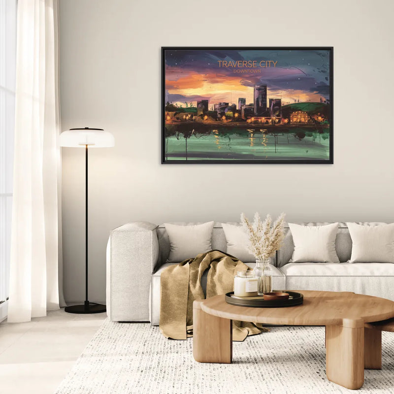 Traverse City Downtown Skyline - Living Room Black Frame Canvas