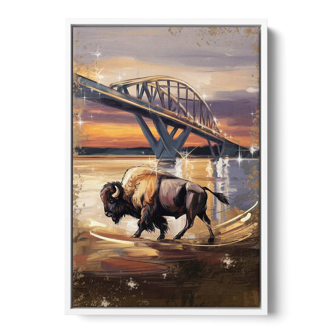 Buffalo Peace Bridge Glow - White Frame Canvas
