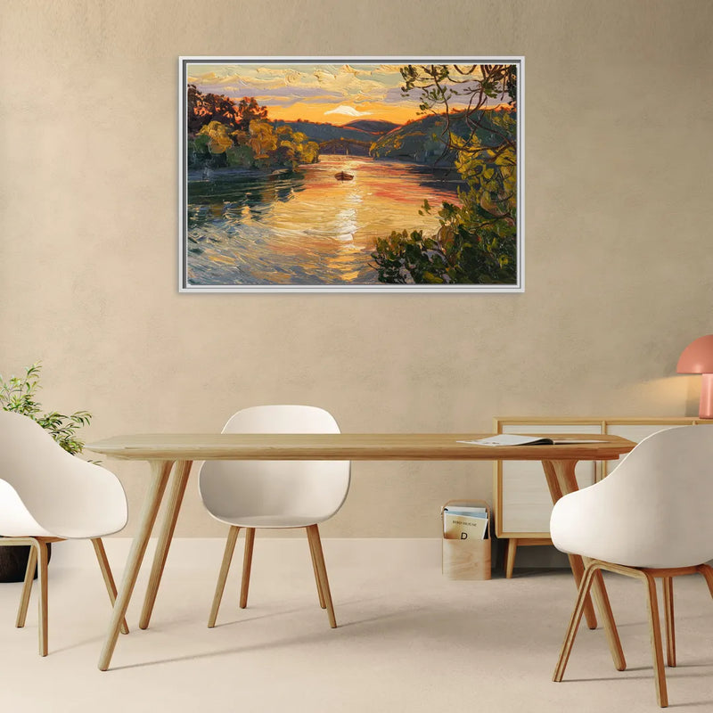 New Hope Delaware River Sunset - Living Room White Frame Canvas