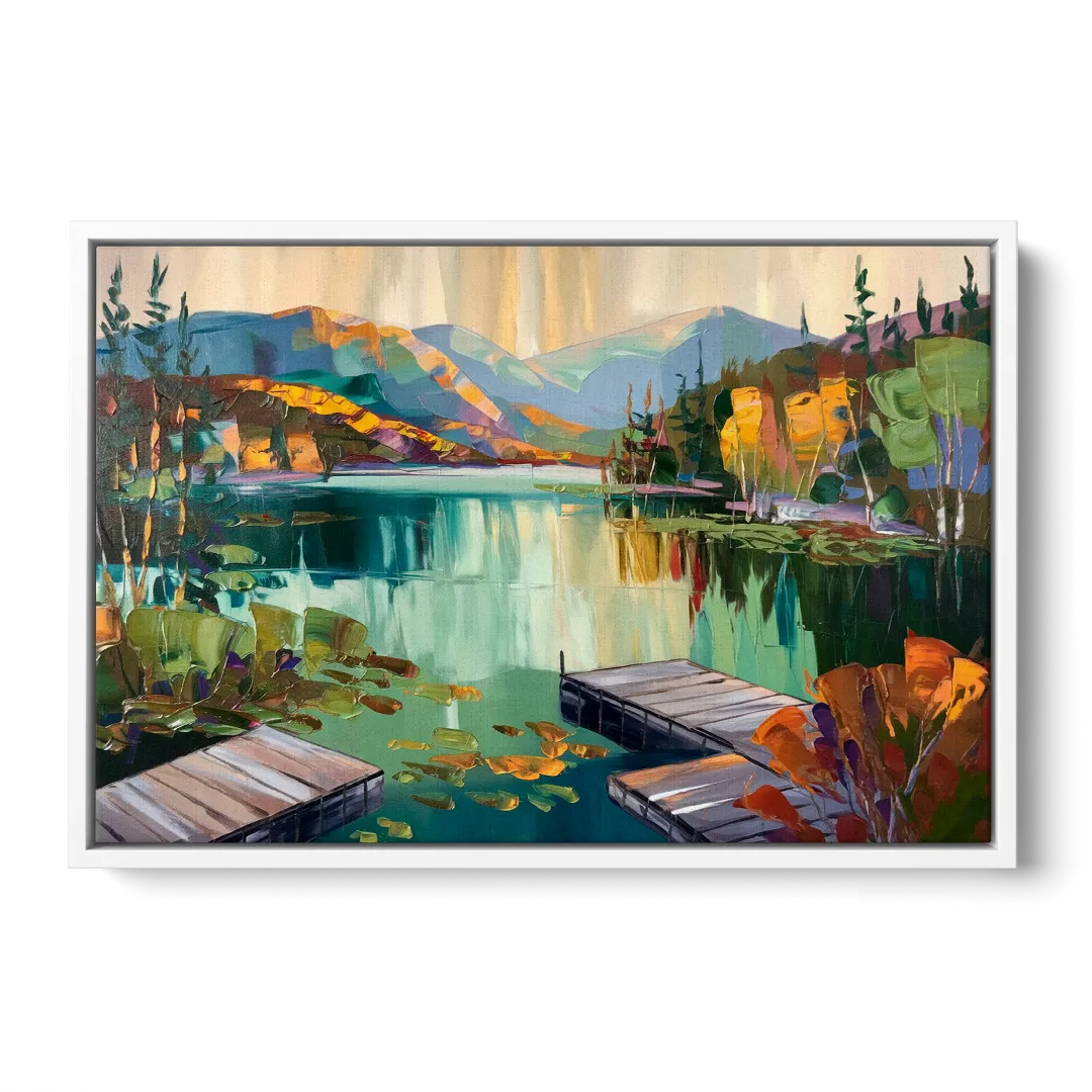 Lake Placid Mirror Lake View - White Frame Canvas