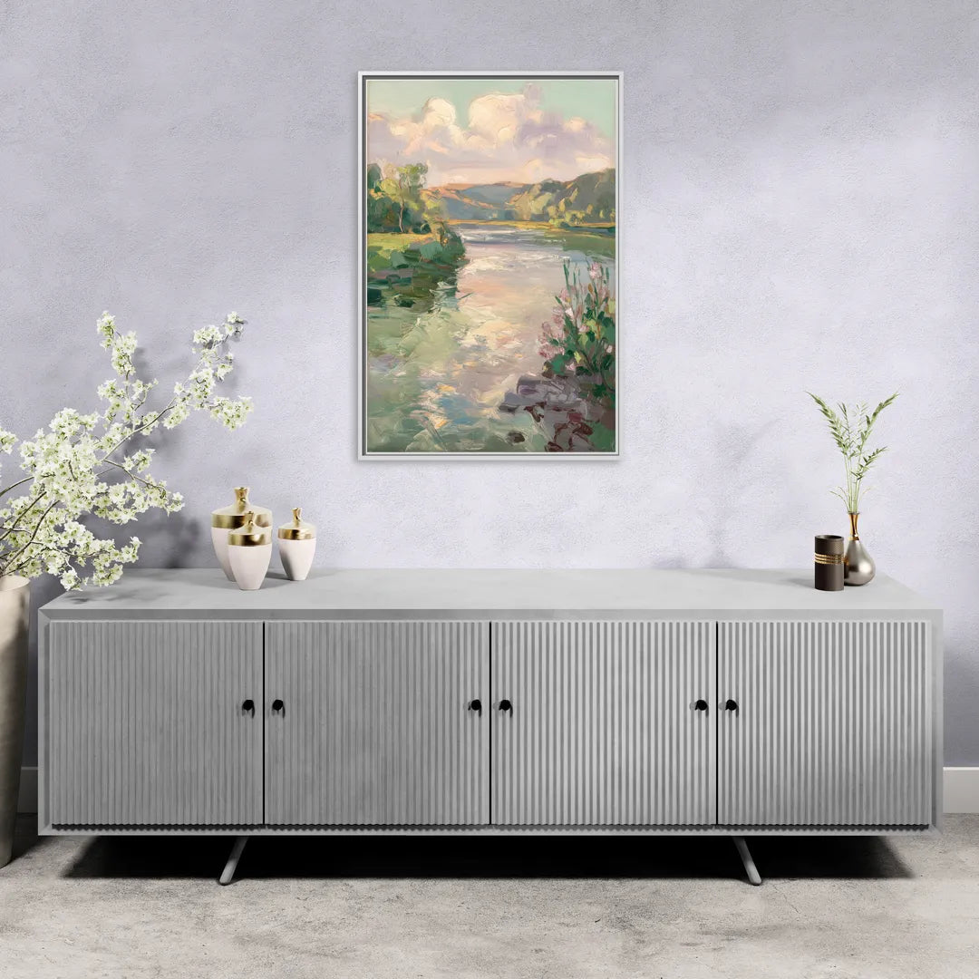 Joseph Riverfront View - Living Room White Frame Canvas