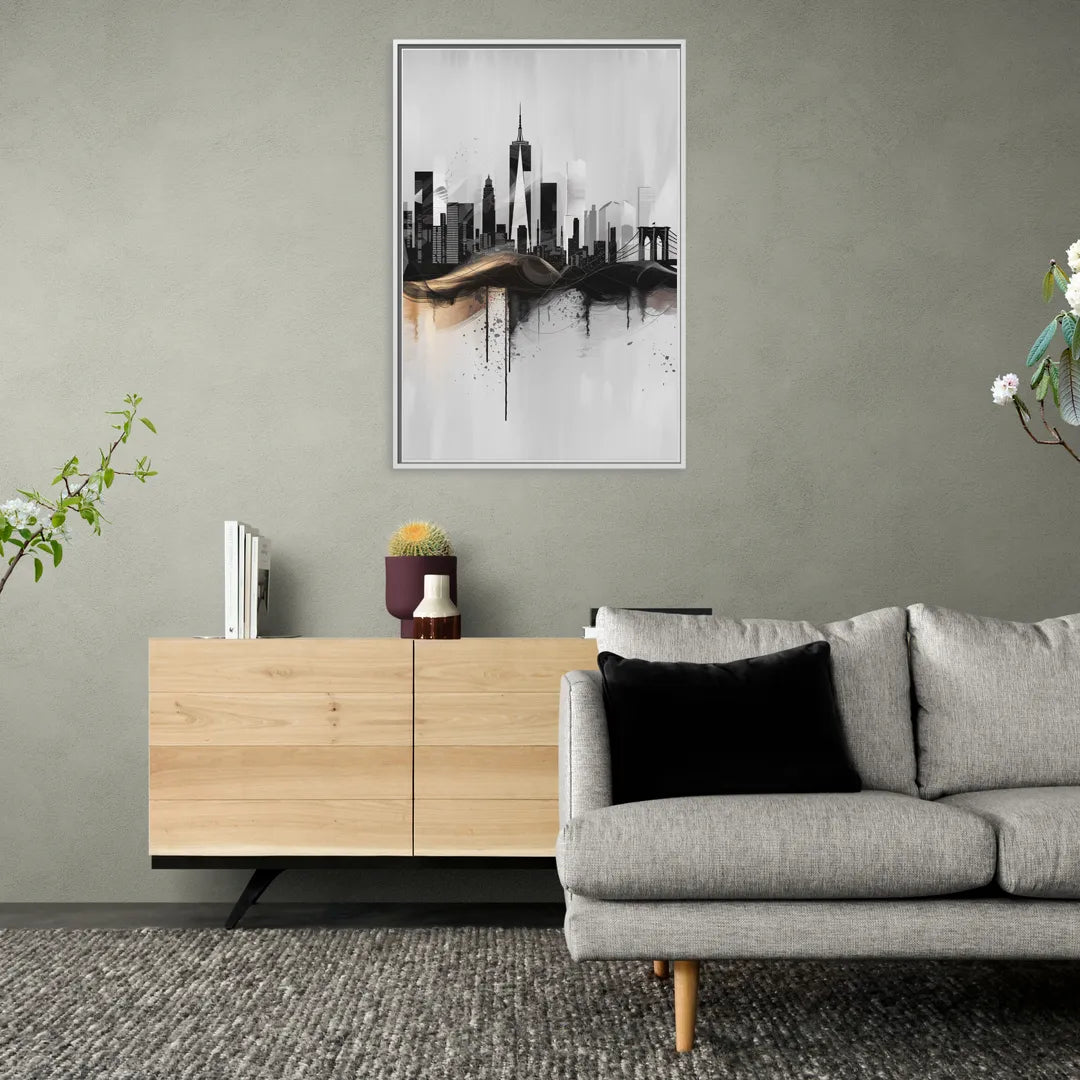 New York City Skyline Black Ink Style Minimalist - Living Room White Frame Canvas