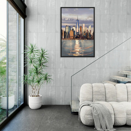 New York City Skyline Reflection - Living Room Black Frame Canvas