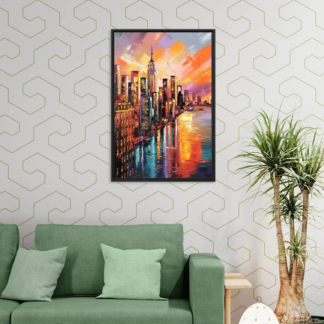 New York City Sunset Over Skyscrapers Hudson - Living Room Black Frame Canvas