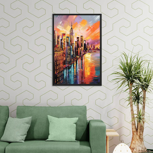 New York City Sunset Over Skyscrapers Hudson - Living Room Black Frame Canvas