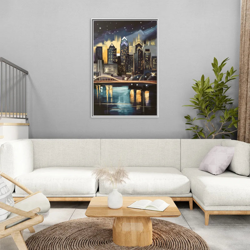 Philadelphia Skyline at Night - Living Room White Frame Canvas