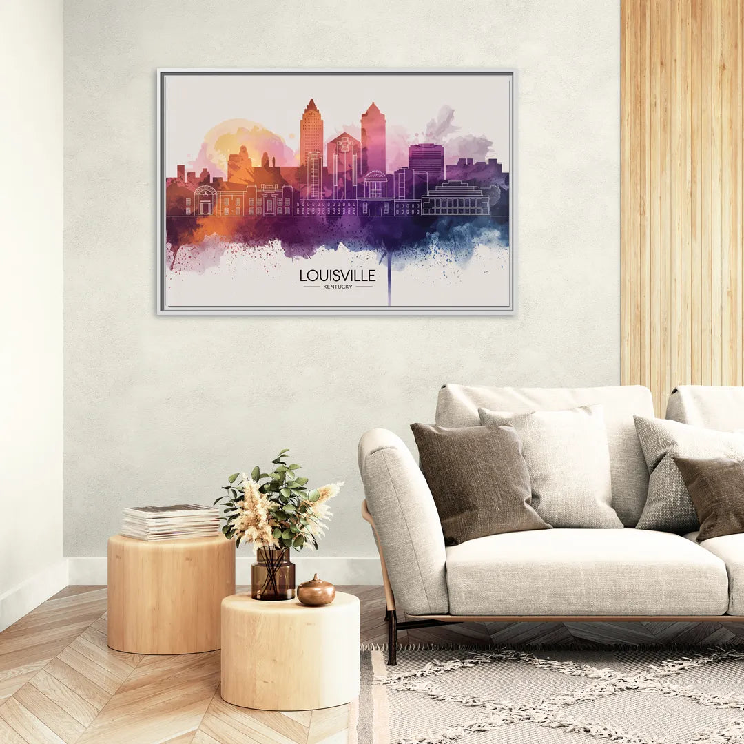 Louisville Sunset Over Skyline - Living Room White Frame Canvas