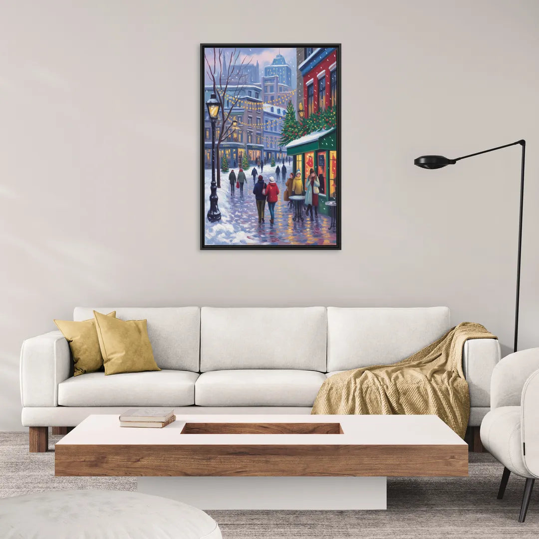 Quebec City Christmas Lights - Living Room Black Frame Canvas